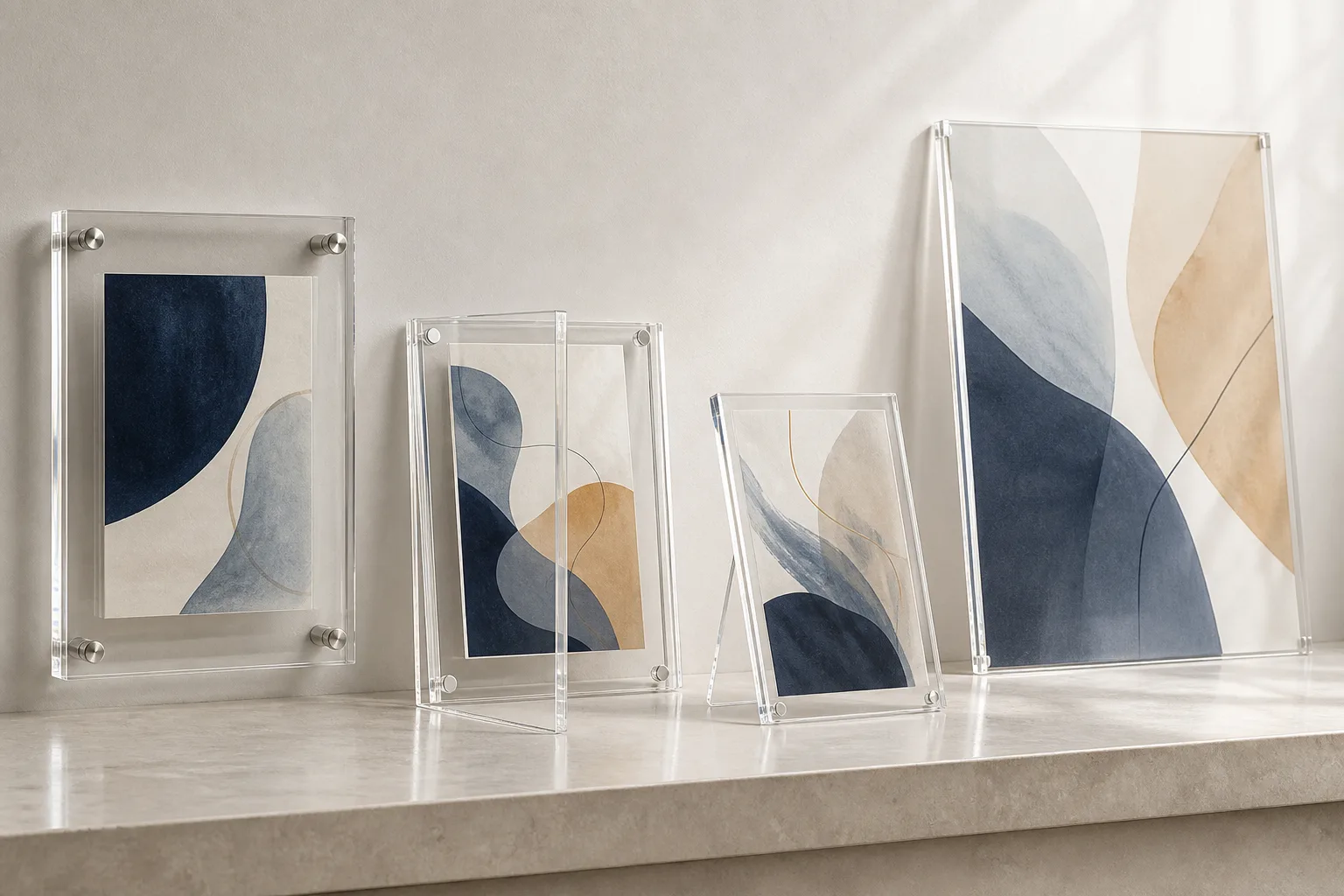 Four acrylic frame mounting methods side by side — a standoff-mounted clear acrylic frame, a magnetic two-piece frame, an easel-back desktop frame, and a large cleat-hung acrylic panel