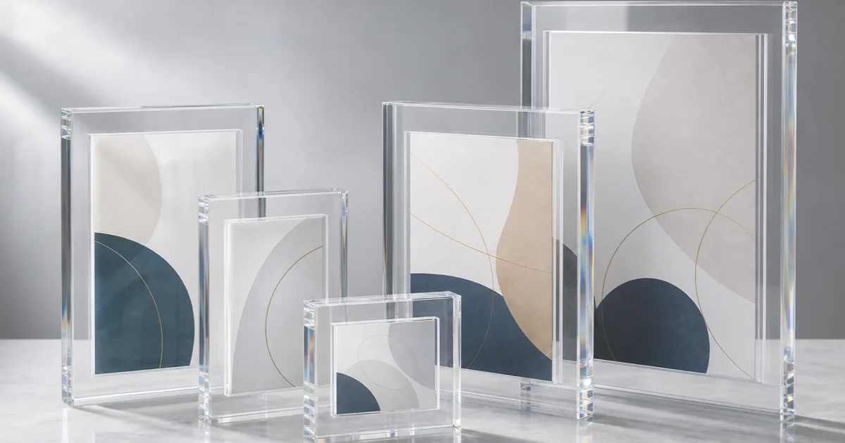Acrylic frame sizes laid out on a production bench — clear PMMA picture frames from 4x6 to 16x20 with polished edges under directional light