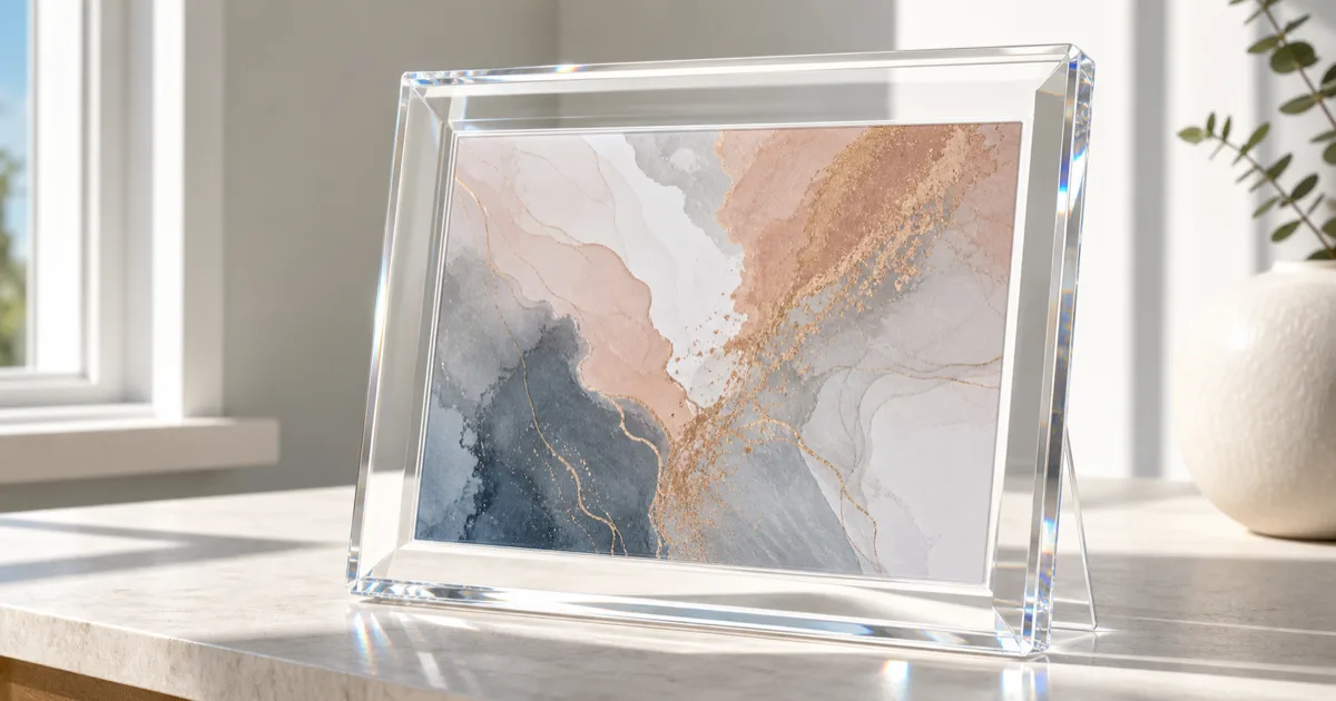 Clear cast acrylic picture frame on a QC bench under daylight, showing optical clarity with no yellowing — plexiglass picture frame glazing inspected for UV stability