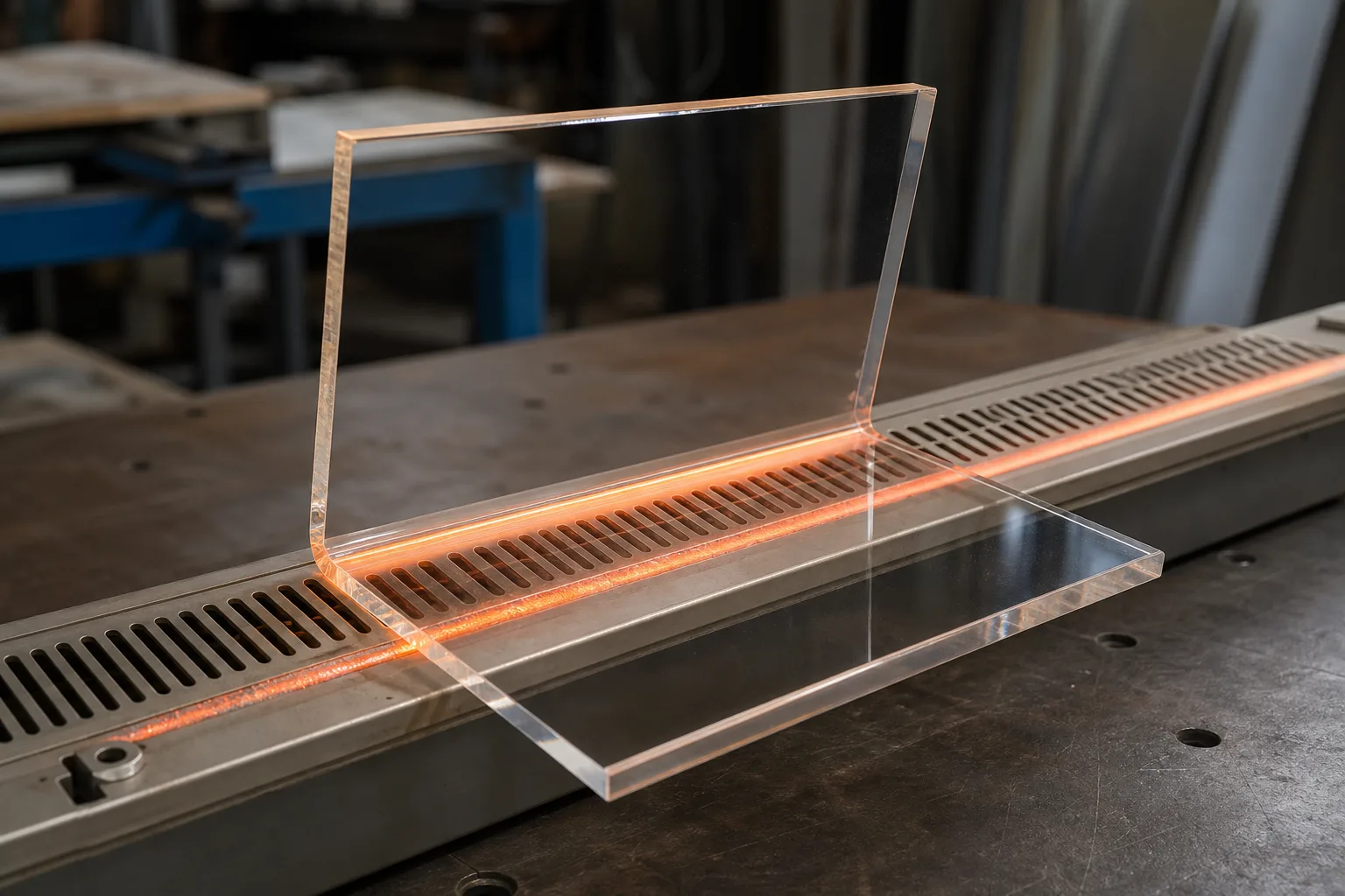 Line bending acrylic on a strip heater — a clear cast acrylic sheet folded to 90 degrees over a heated bend line, with the glowing element visible beneath