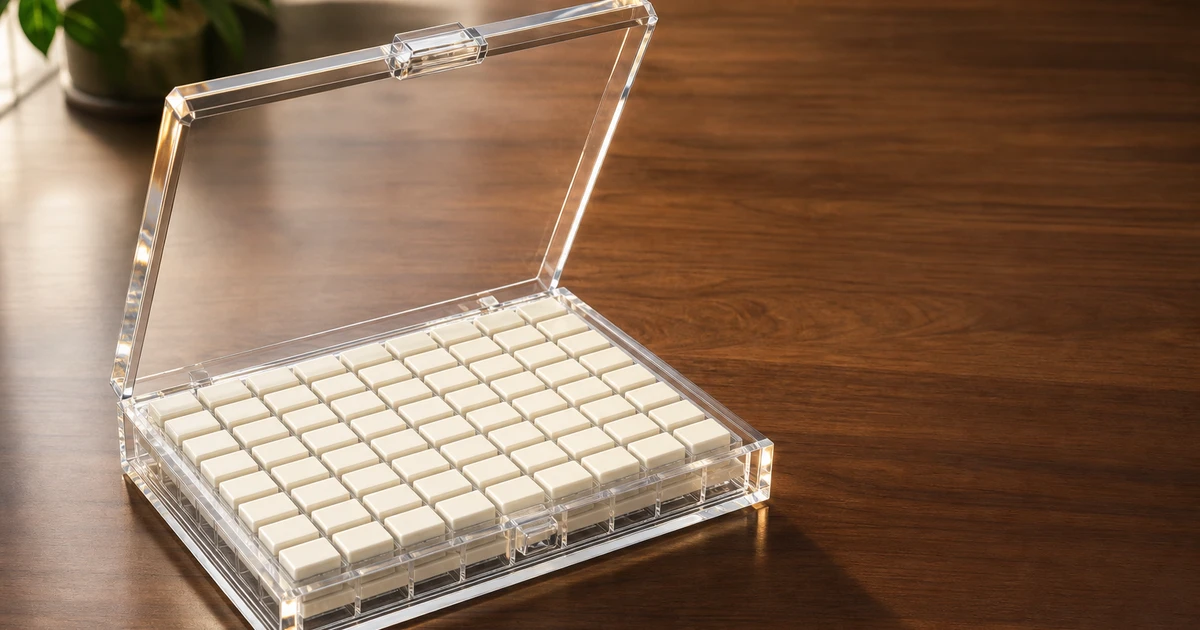 Closed acrylic mahjong display case on a walnut surface with one lid open showing 144 cast PMMA tiles in a silicone-cradle insert, soft directional studio light