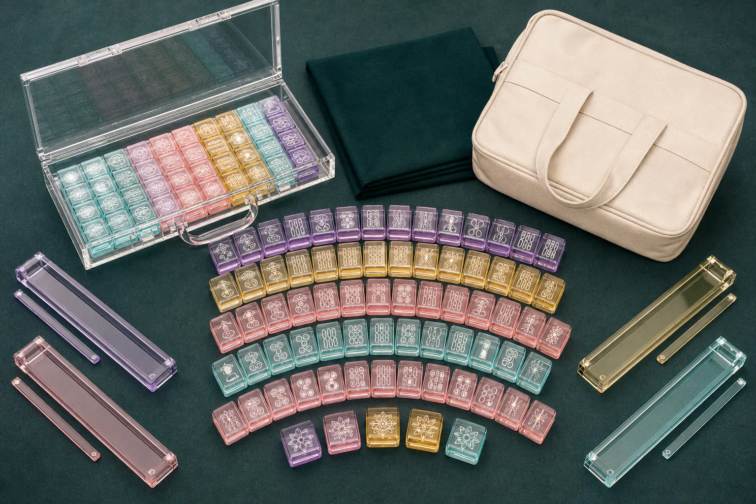 Full acrylic mahjong set OEM bundle laid out on a felted table — engraved cast acrylic tiles, matching racks and pushers, an acrylic tile case with the lid open, a play mat, and a canvas carry bag