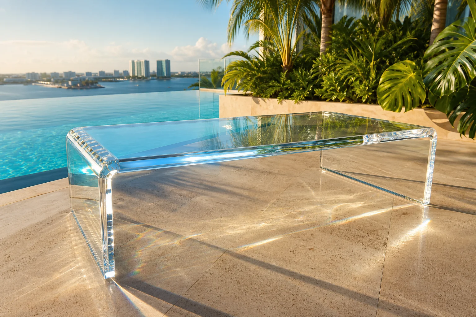 Translucent acrylic coffee table on hotel rooftop pool deck in afternoon tropical sunlight
