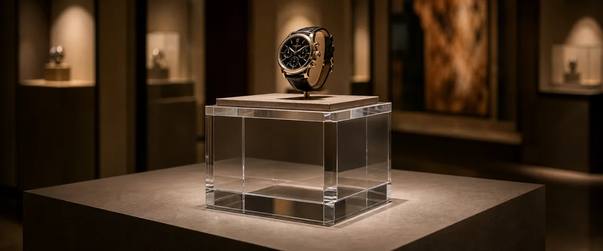 Illustrative clear box-base acrylic pedestal displaying a watch in a luxury showroom; the image is not load-test evidence