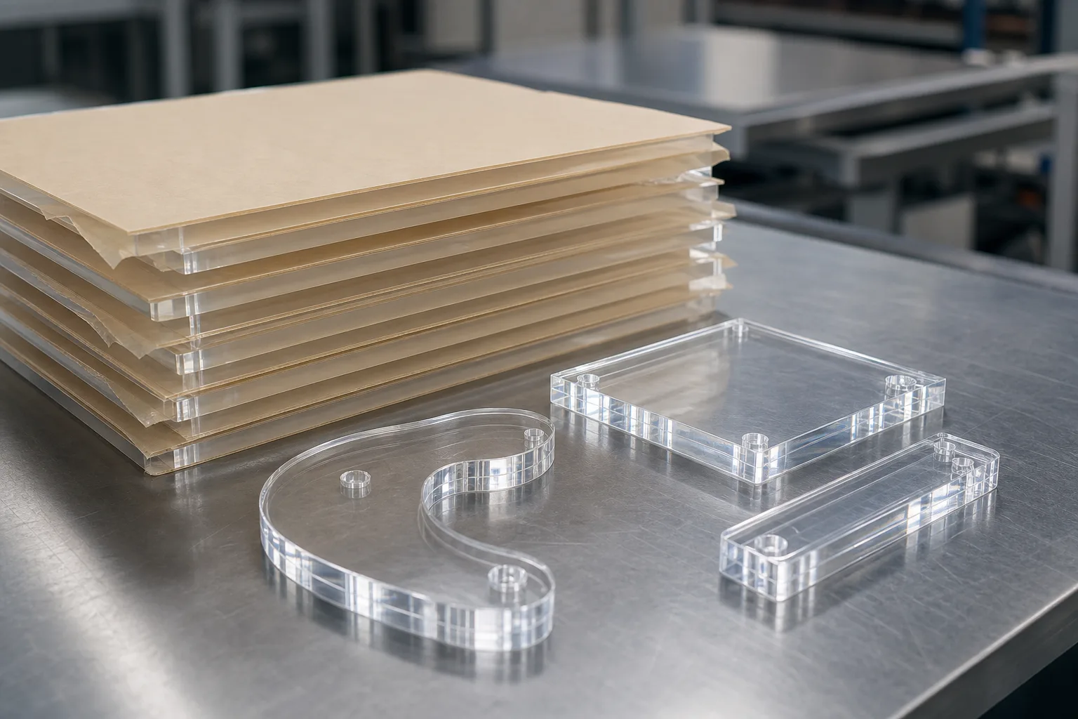 Custom acrylic production lead time in progress — CNC-cut clear PMMA panels stacked beside polished finished parts on a factory workbench, edges catching the light