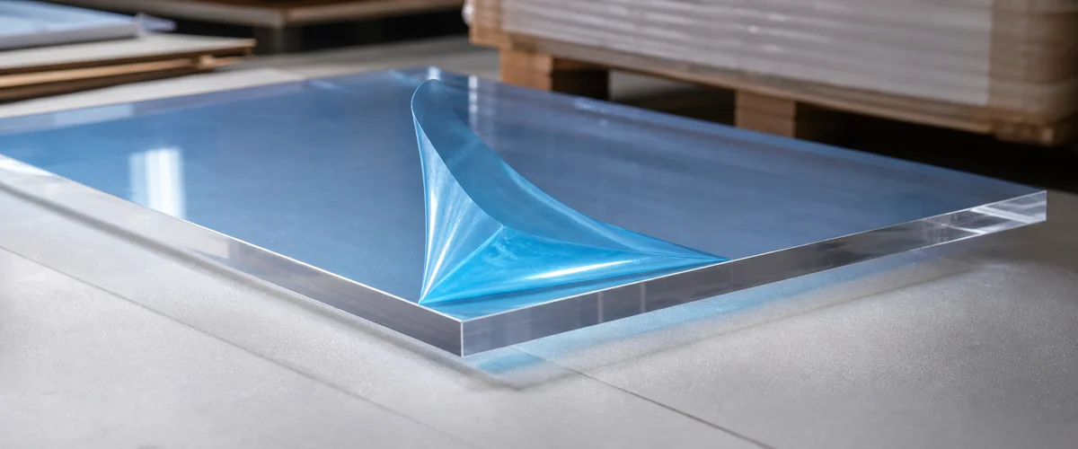 Retail staff peeling anti-scratch acrylic protective film from the corner of a clear PMMA plexiglass display fixture on the store floor