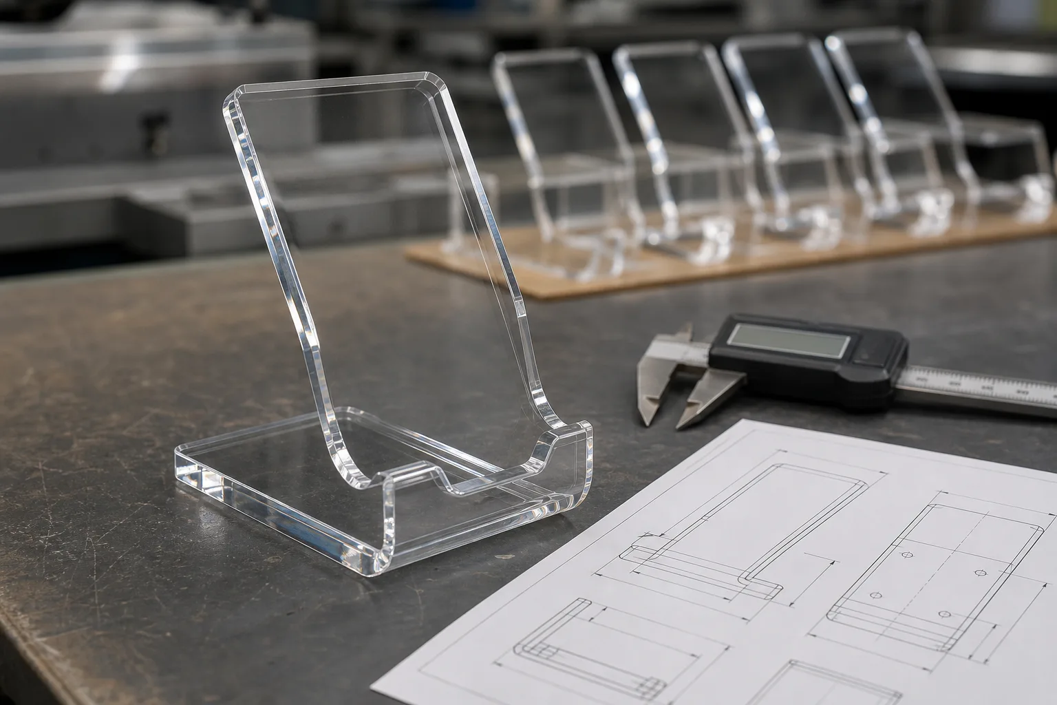 Single clear acrylic prototype display stand beside a caliper and printed drawing on a workbench, polished PMMA edges catching light against a row of production blanks