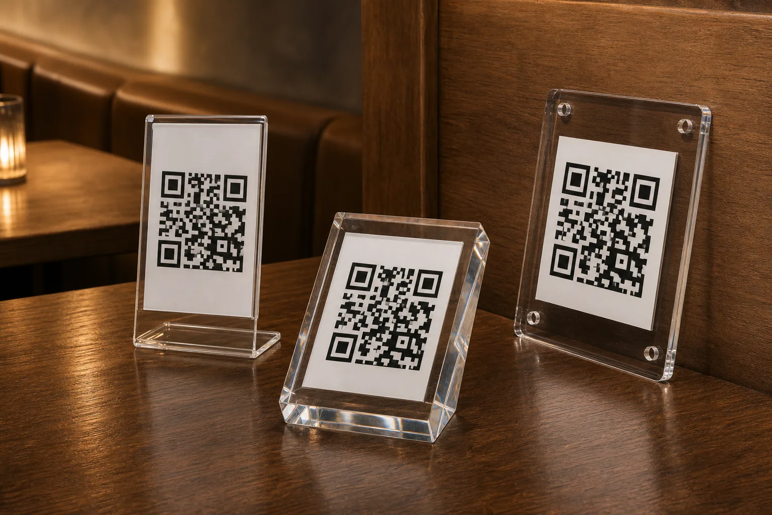 Clear acrylic QR code stands for restaurants and hotels — an L-shaped table stand, a solid angled block, and a wall-mounted holder displaying printed QR codes on a warm café table setting