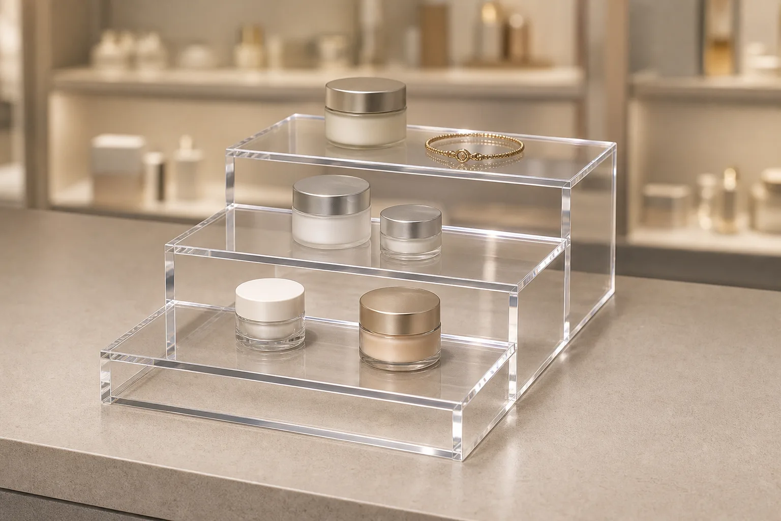 Three clear acrylic risers in graduated sizes arranged as a display ladder on a retail counter, holding small products at stepped heights