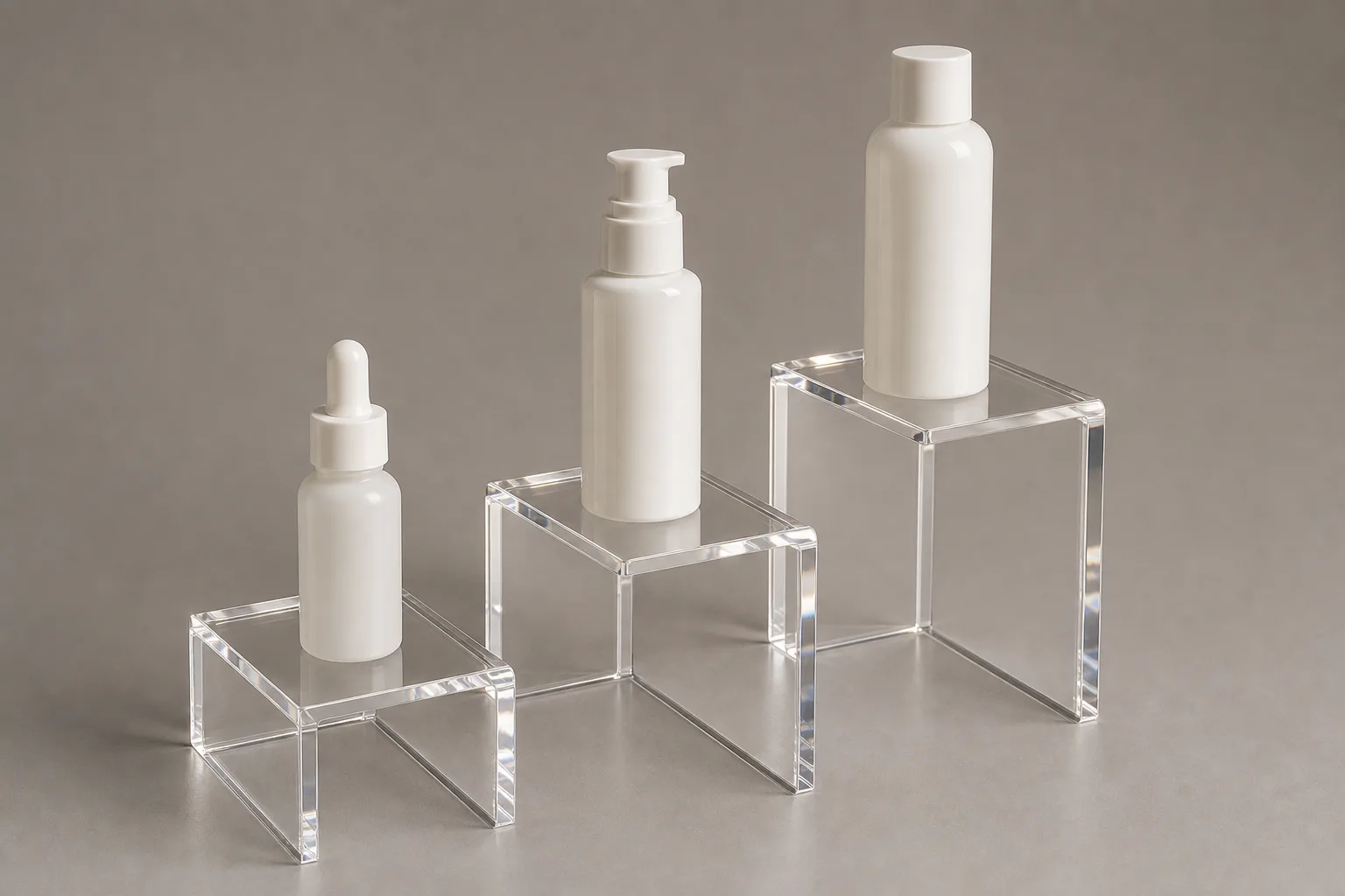 Graduated clear acrylic riser set in three sizes displaying cosmetics bottles at stepped heights on a retail counter, polished edges catching the light