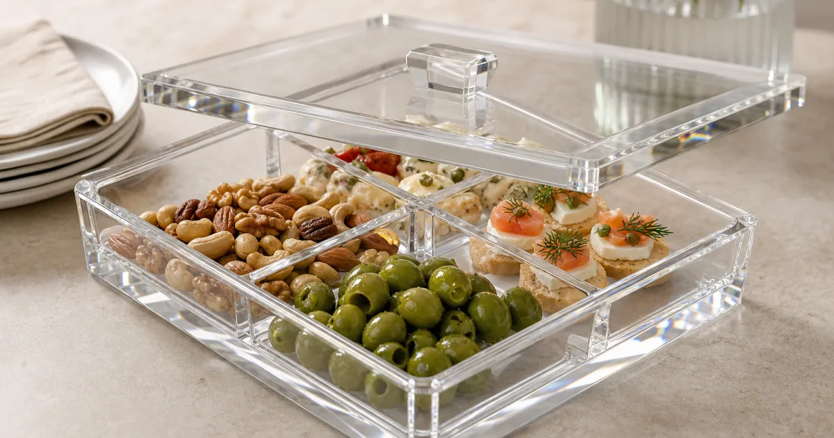 Clear acrylic serving tray with lid and internal compartments, snap-fit PMMA cover lifted to show bonded dividers, light refracting through polished edges