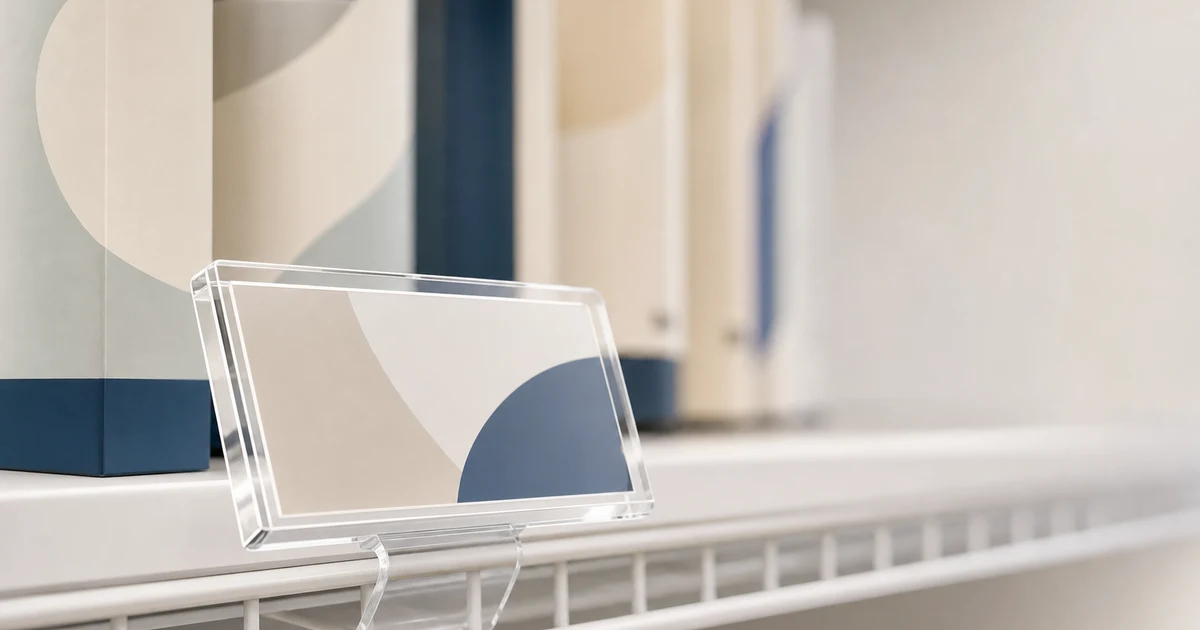 Retail shelf-edge close-up with an acrylic shelf talker clipped to a wire rail, brand graphic visible in the insert window, products visible behind on the same shelf