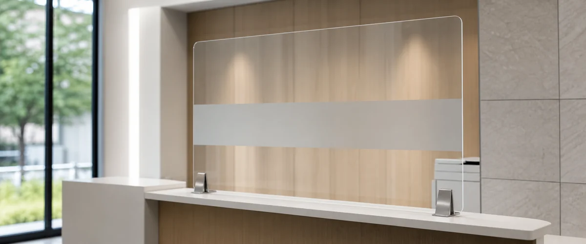 Acrylic sneeze guard installed at a hospital reception counter with diamond-polished edges and brushed-metal counter clamps, soft natural light revealing optical clarity and patient flow behind the panel