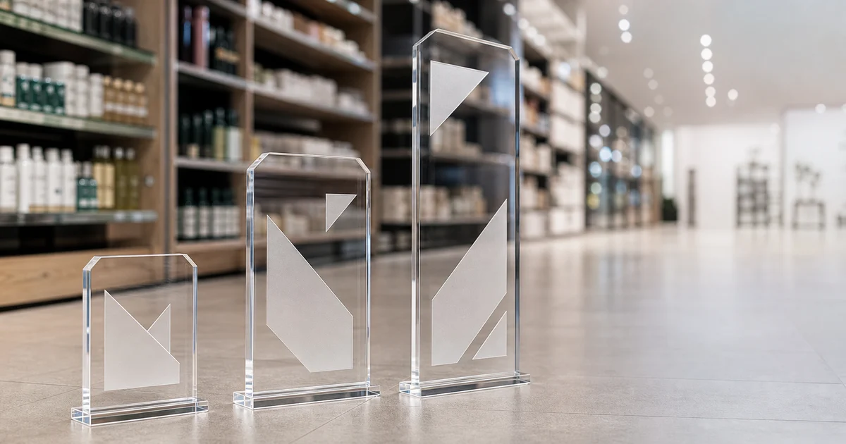 Retail floor scene with 3 acrylic standees in foreground, generic placeholder graphics, soft retail lighting