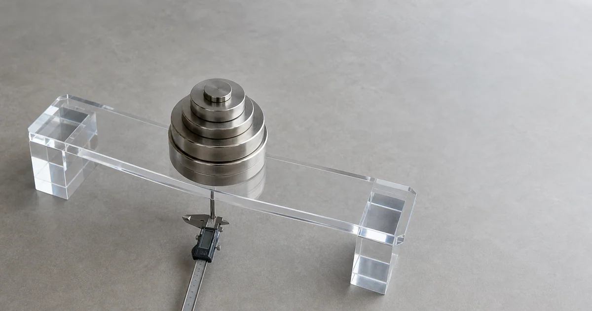 Editorial overhead of a structural test rig with weights on a cast PMMA shelf, calipers visible, soft technical light, engineering authority context