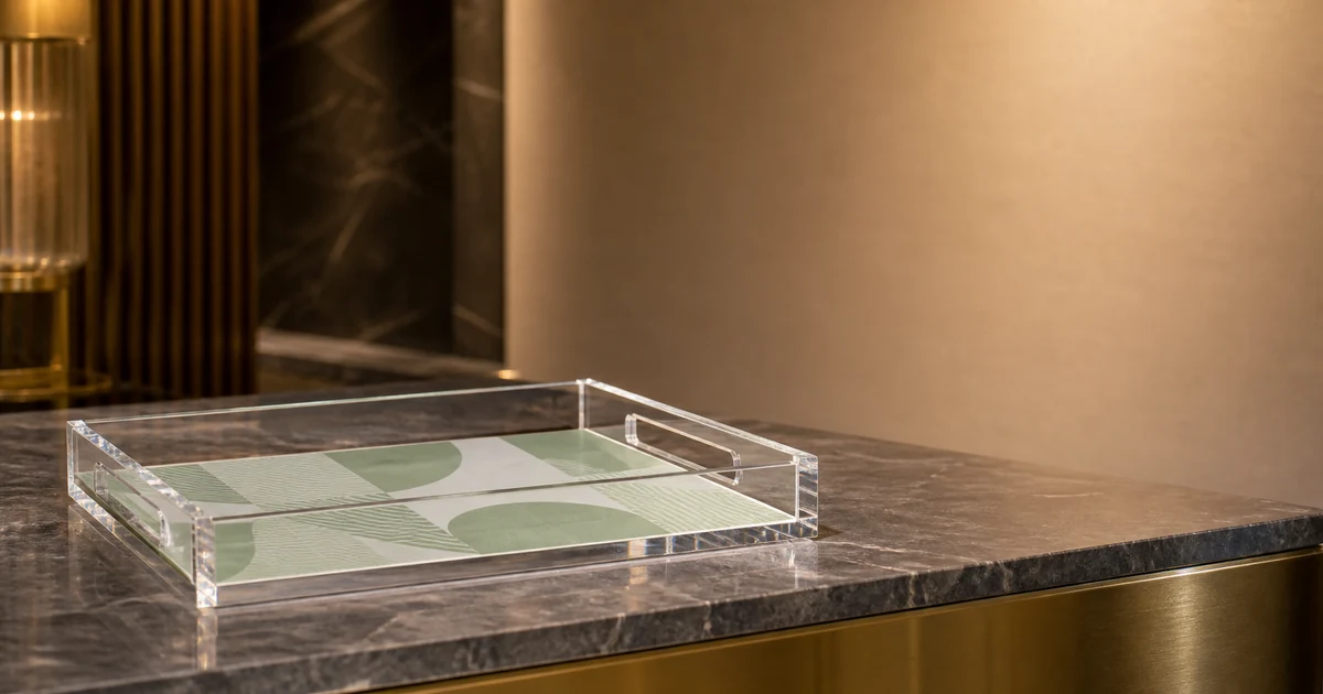 Hospitality tray with branded bottom insert visible through clear acrylic on a hotel reception counter, soft warm light, no readable brand