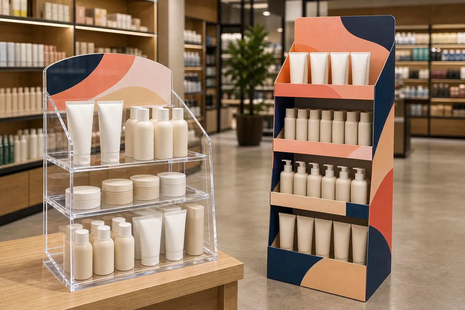 Acrylic vs cardboard POP display comparison on a retail floor — a clear cast acrylic countertop display beside a printed corrugated cardboard floor stand