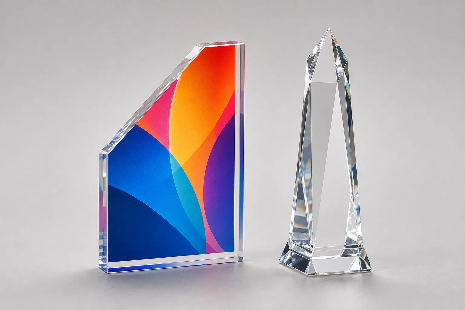Acrylic vs crystal awards side by side on a neutral studio surface — a clear cast acrylic award with a UV-printed logo panel next to a faceted crystal tower award