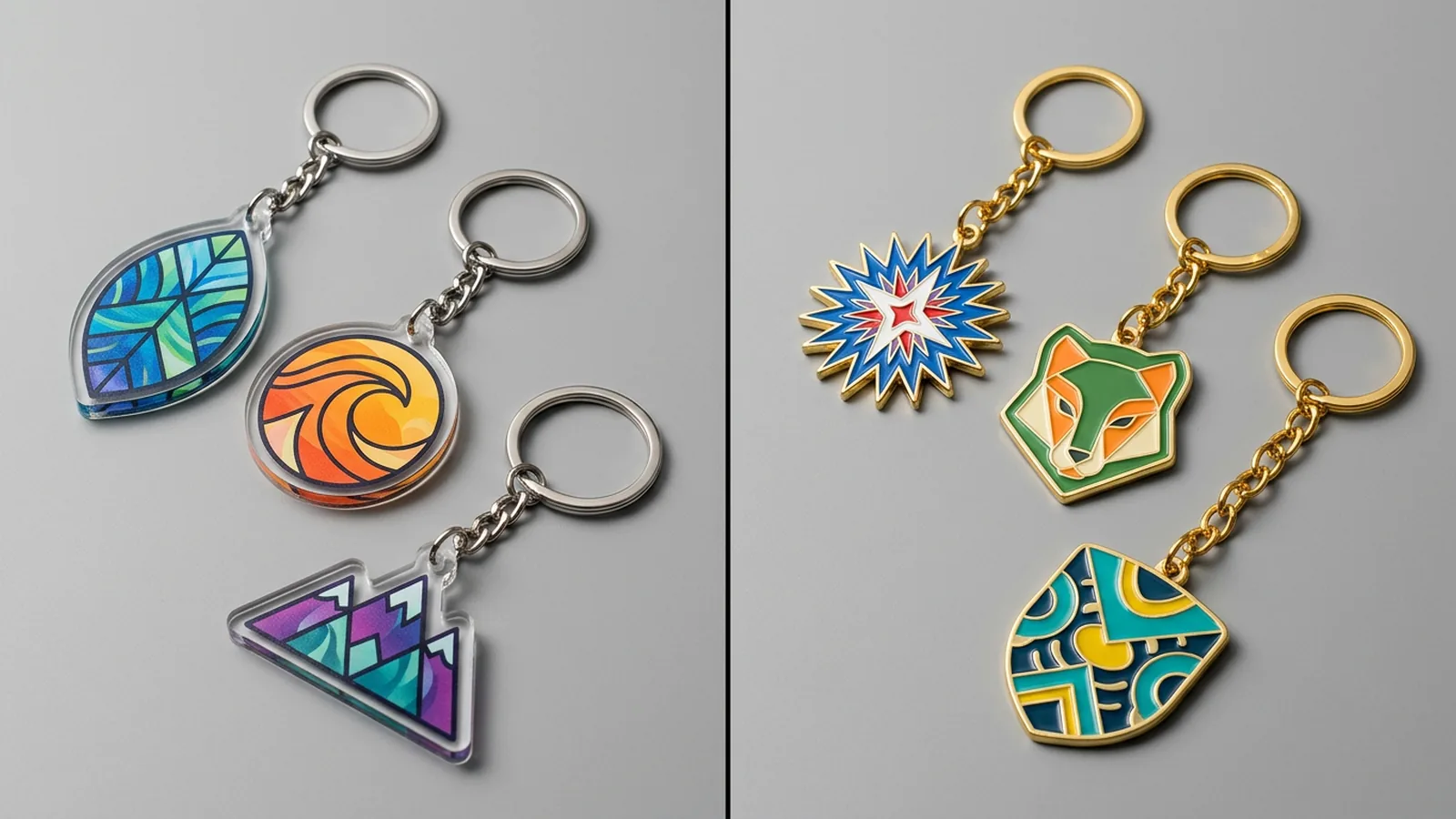A clear acrylic keychain and a hard-enamel metal keychain lying side by side on a neutral surface