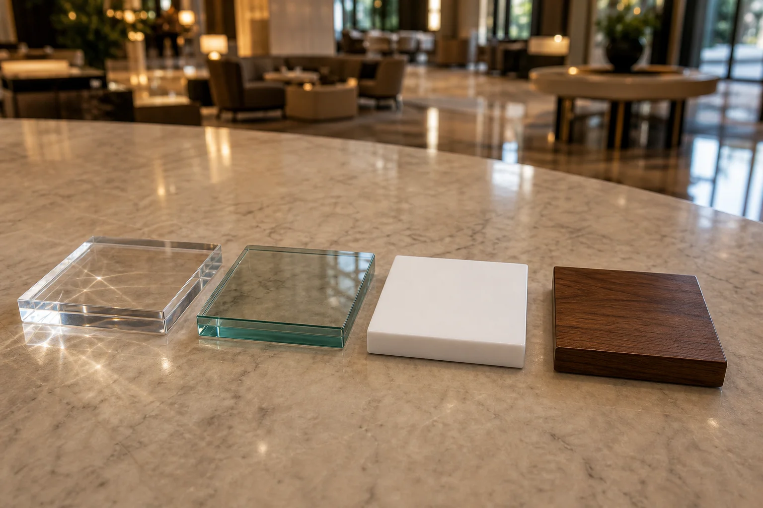 Four coffee table material samples — acrylic, tempered glass, Corian, walnut — on hotel lobby floor