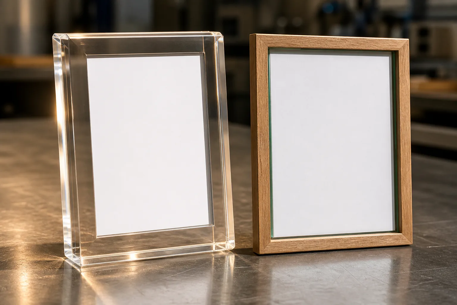 Acrylic vs glass picture frame comparison on a QC bench — clear acrylic frame with polished chamfer beside a glass-glazed frame under raking light