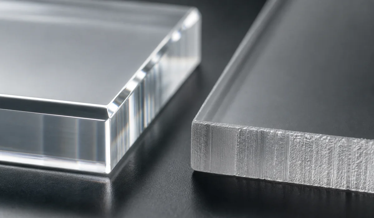 Macro of a diamond-polished acrylic frame edge with translucent internal light passage beside a raw-cut PMMA edge for comparison