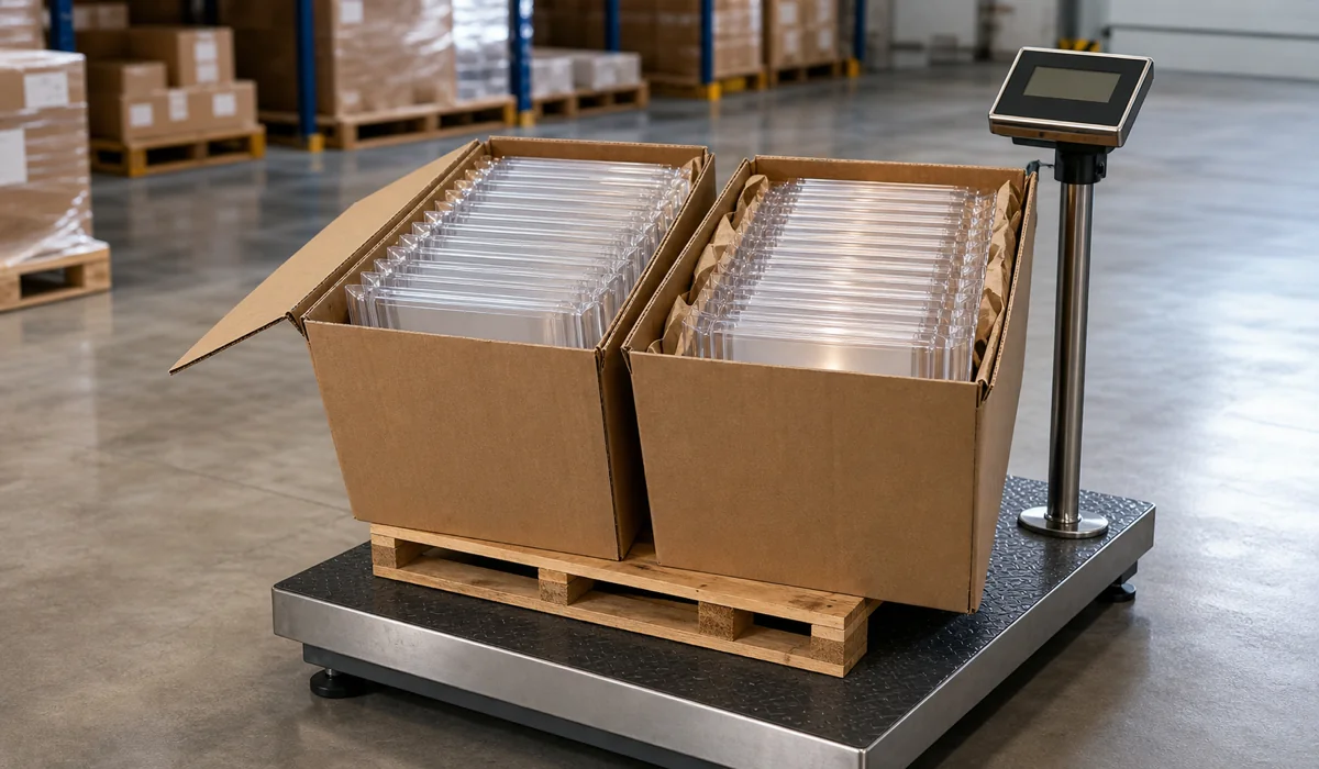 Stacked custom acrylic picture frames in export cartons on a freight scale — plexiglass frame bulk order packed for shipping