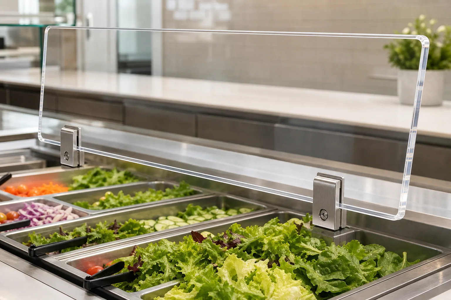 Acrylic vs glass sneeze guard comparison — a clear 5mm cast acrylic food guard panel with polished edges mounted over a service counter