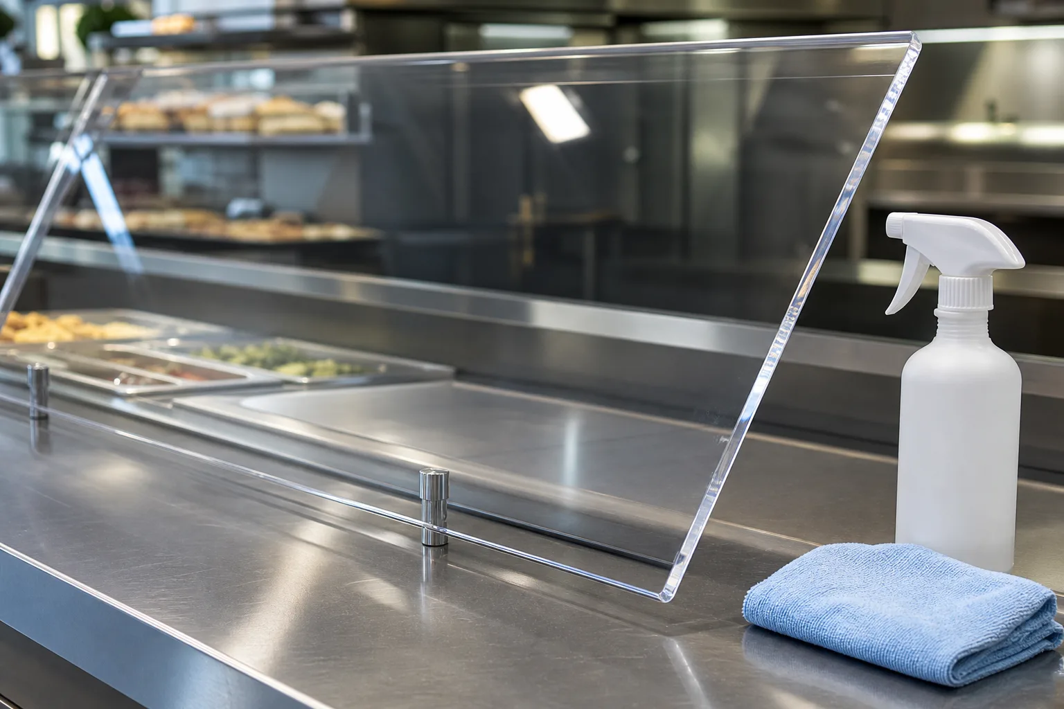Clear acrylic sneeze guard panel over a food counter with a soft cloth and sanitizer bottle beside it, plexiglass food shield with polished edges under service lighting