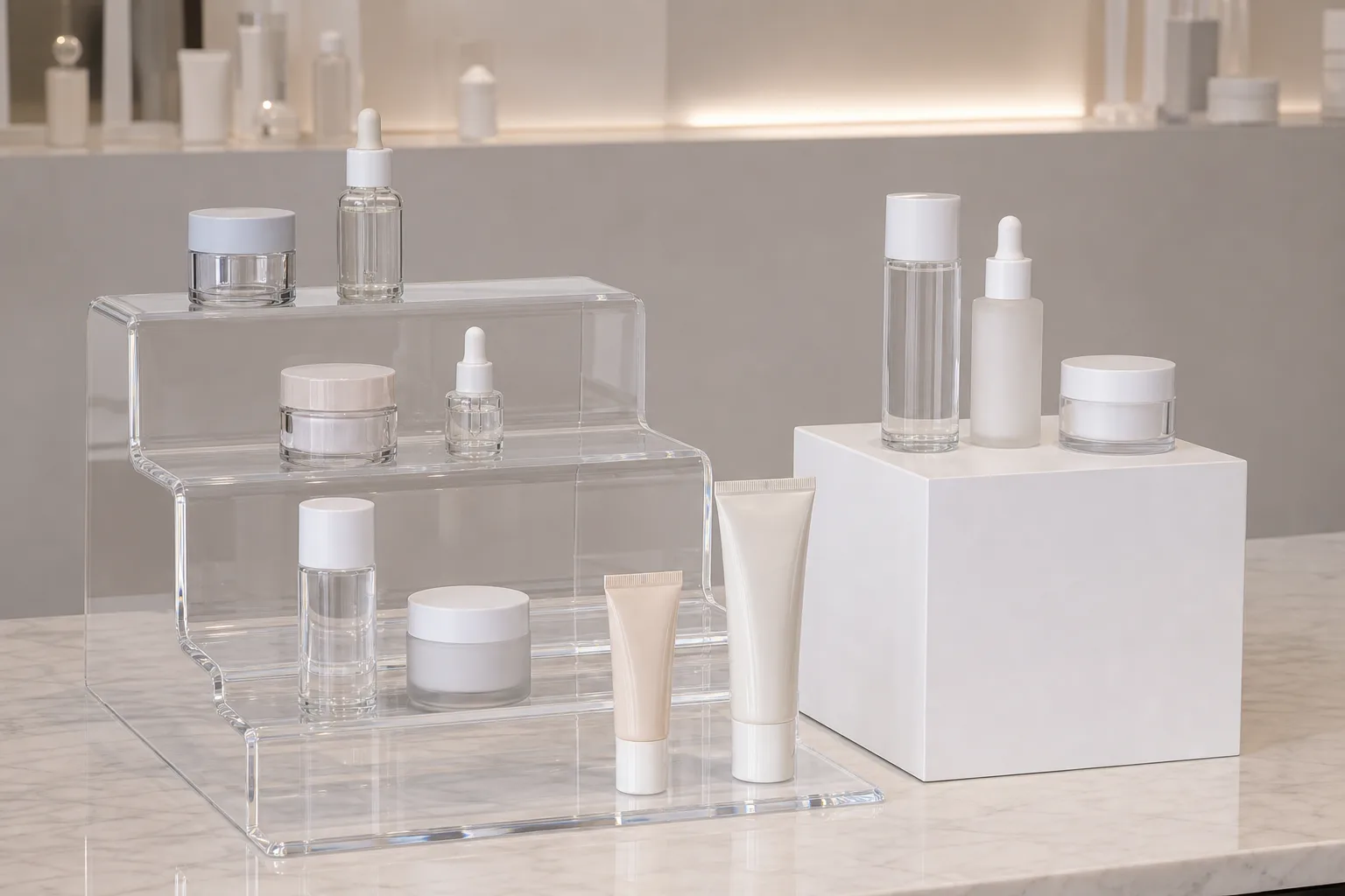 Acrylic vs MDF retail riser comparison on a store counter — a clear cast acrylic riser set showing the products through it beside a painted MDF plinth block