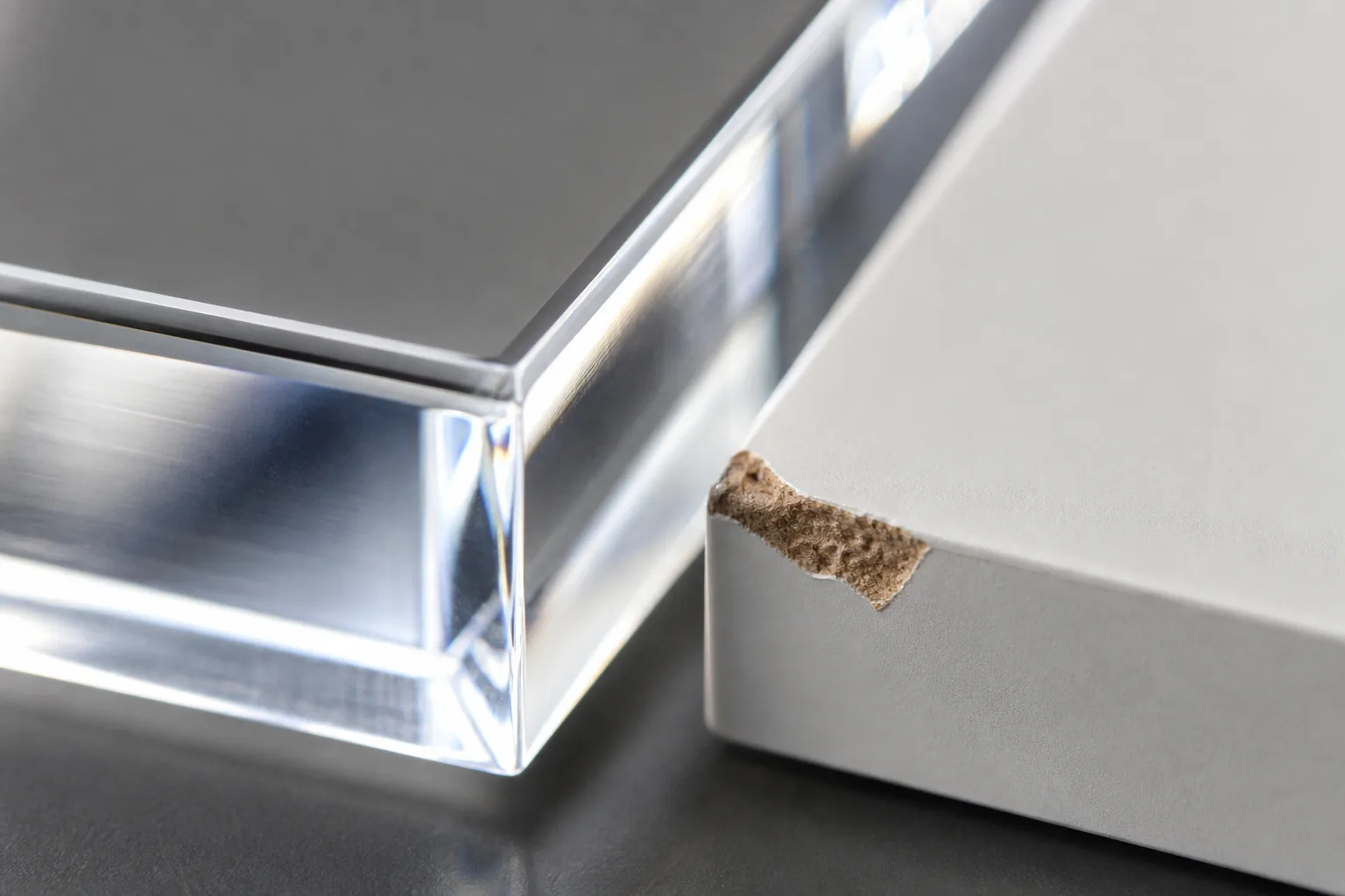 Close-up of a clear cast acrylic retail riser edge with a diamond-polished face catching light, shown against a painted MDF display block with a worn corner