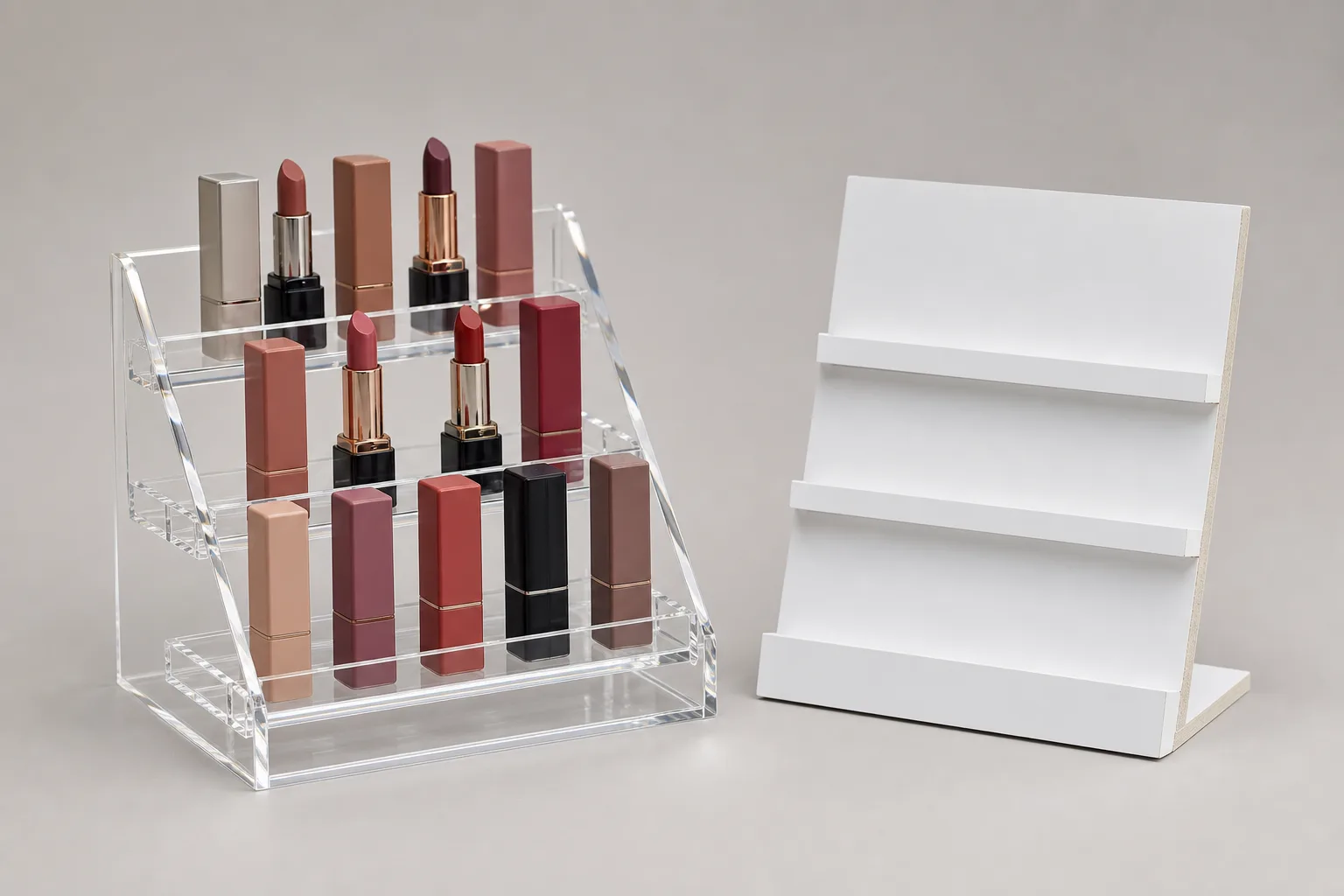 Acrylic vs melamine cosmetics display comparison — a clear acrylic tiered lipstick counter display beside a white melamine-board retail fixture panel