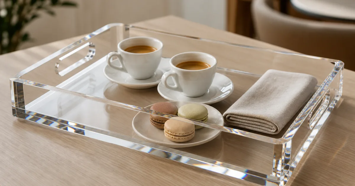 A clear cast acrylic serving tray with polished beveled edges beside a matte white melamine tray on a hotel service counter, PMMA acrylic clarity contrasted against opaque melamine