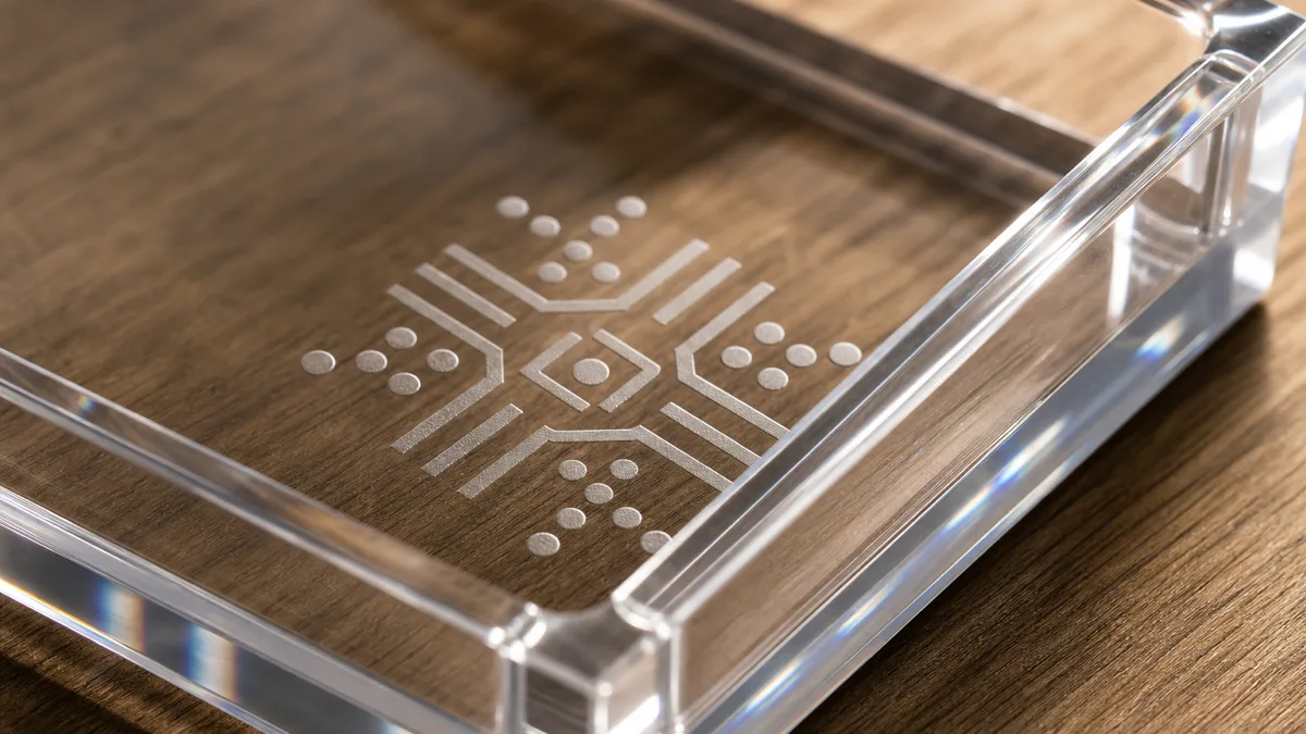 Clear cast acrylic serving tray with a full-color logo printed on the second surface, viewed through the polished PMMA acrylic floor, edge catching studio light