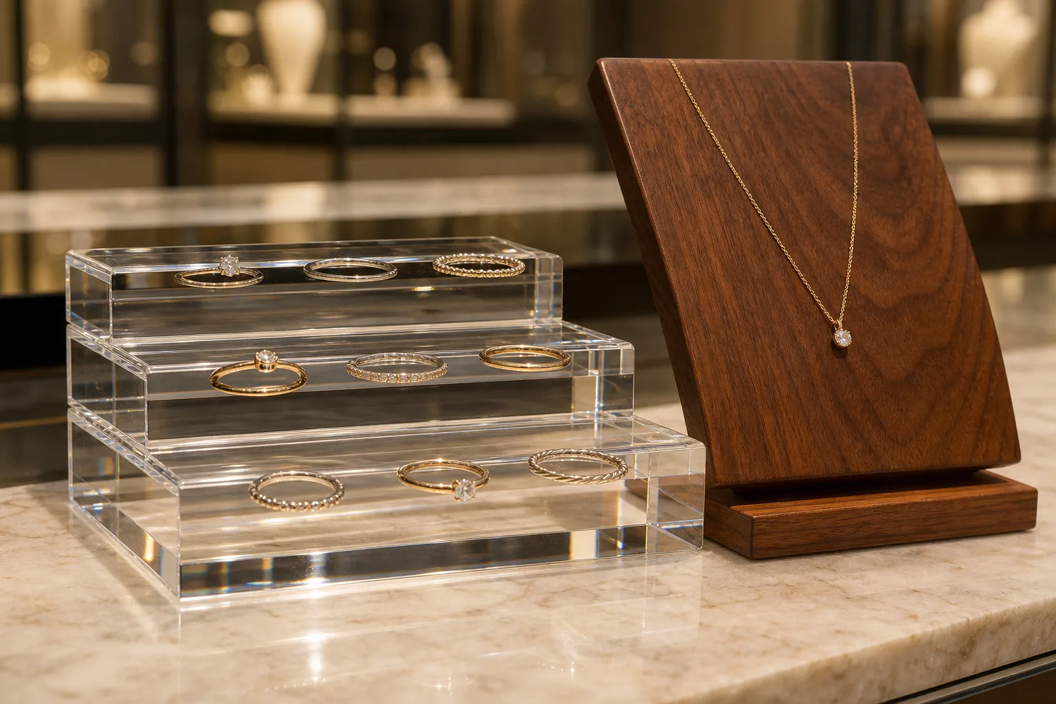 Acrylic vs wood jewelry display comparison on a boutique counter — a clear cast acrylic ring riser set beside a warm walnut jewelry stand under directional light
