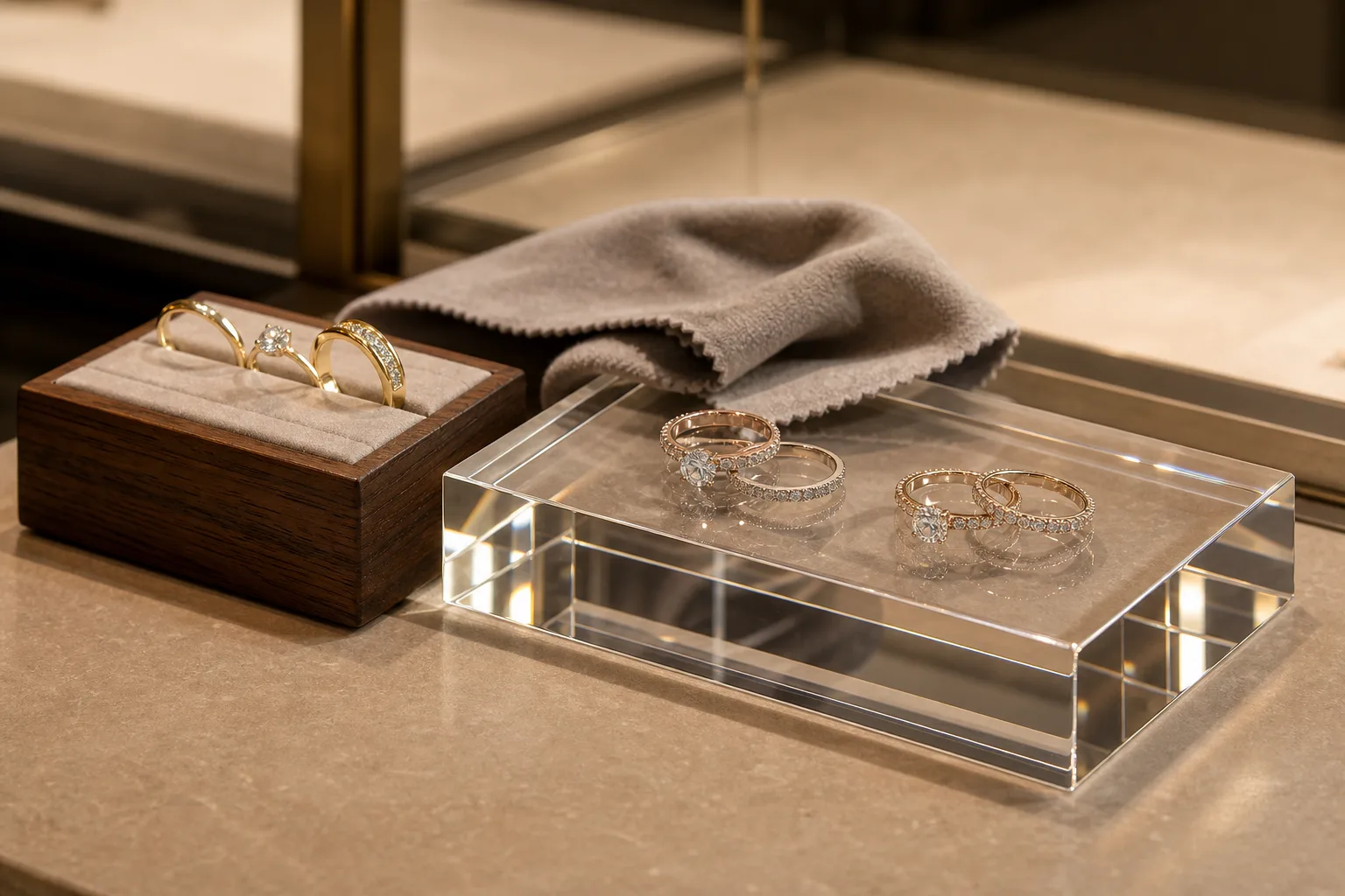 Boutique staff wiping a clear cast acrylic jewelry riser with a microfiber cloth beside a walnut display stand, ring sets staged under warm directional counter light