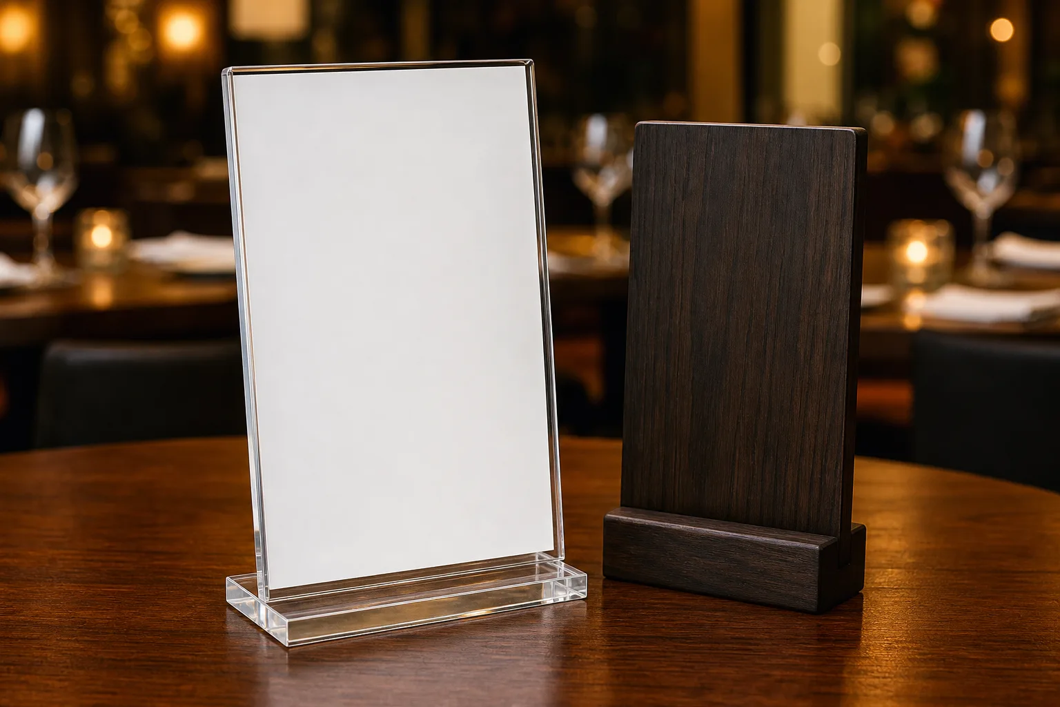 Acrylic vs wood menu holder comparison on a restaurant table — a clear acrylic table-top sign holder with a printed menu insert beside a dark wood menu stand