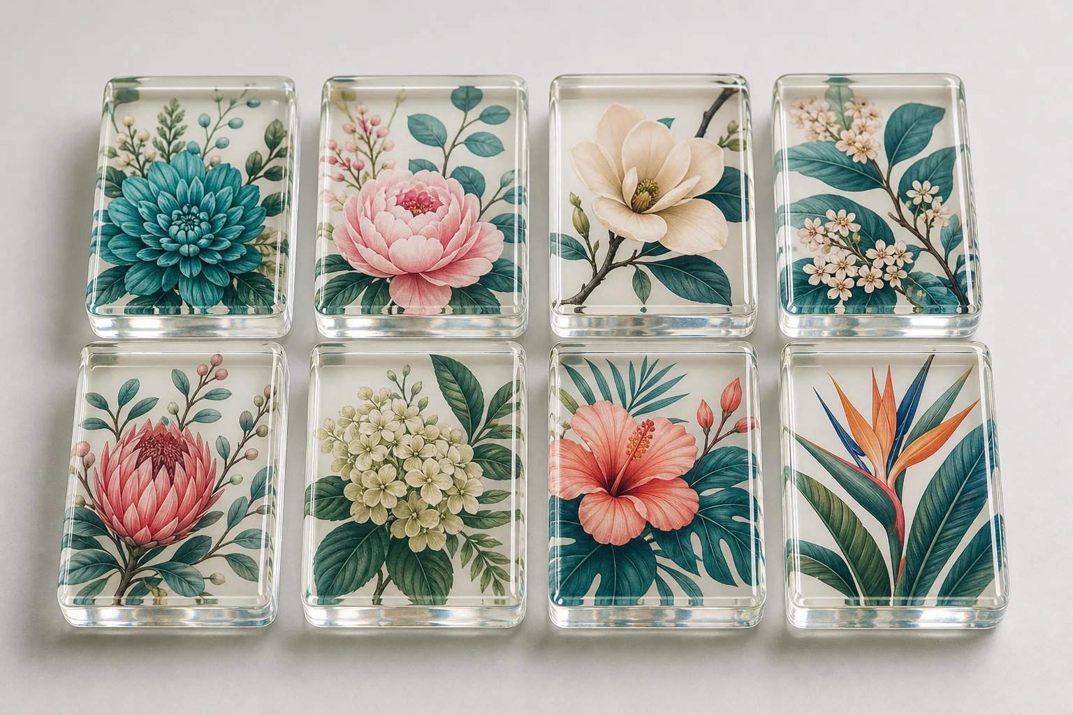 Close-up of custom American Mahjong tiles with botanical floral face designs in teal and sage