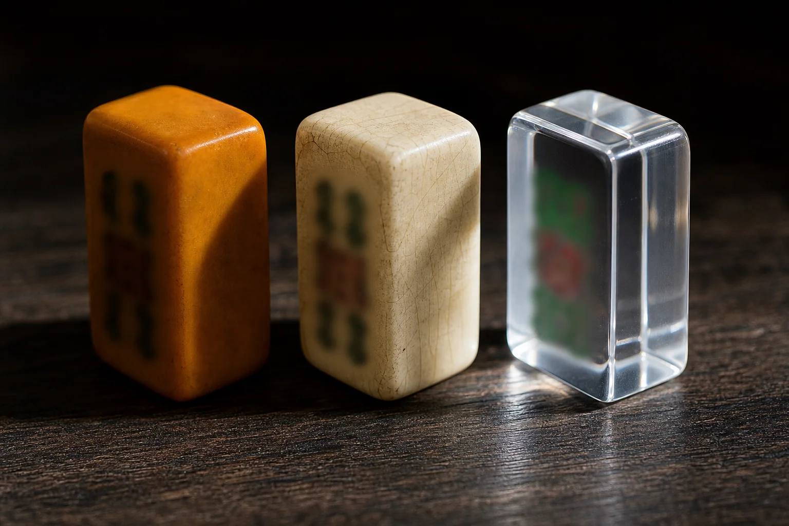 Three mahjong tiles side by side on dark wood — a butterscotch bakelite tile, an aged cream bone-and-bamboo tile with fine crack lines, and a translucent modern cast acrylic PMMA tile catching the light