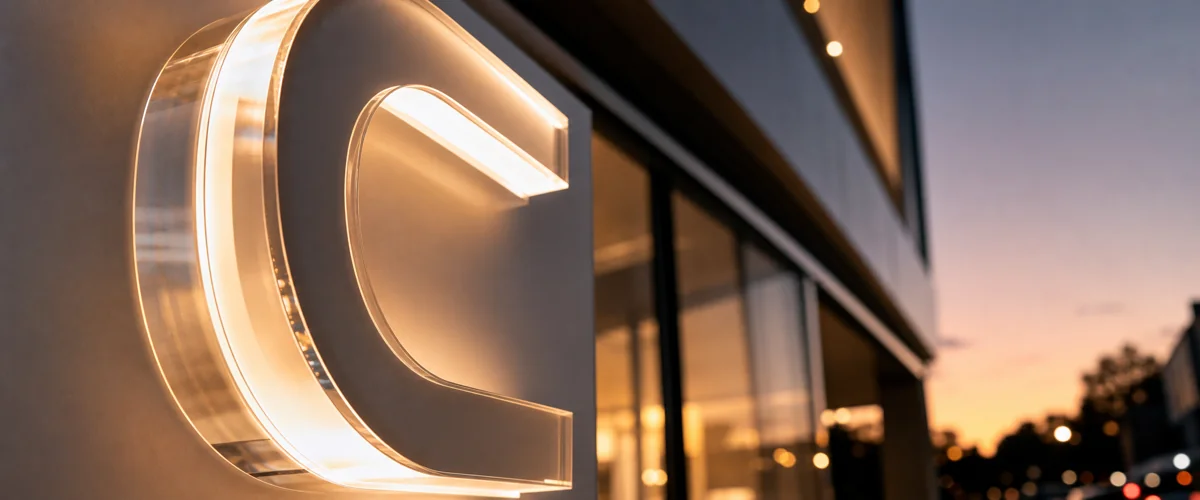 Illuminated cast-acrylic 3D channel letter glowing at dusk on a premium storefront, with bevel and edge polish visible