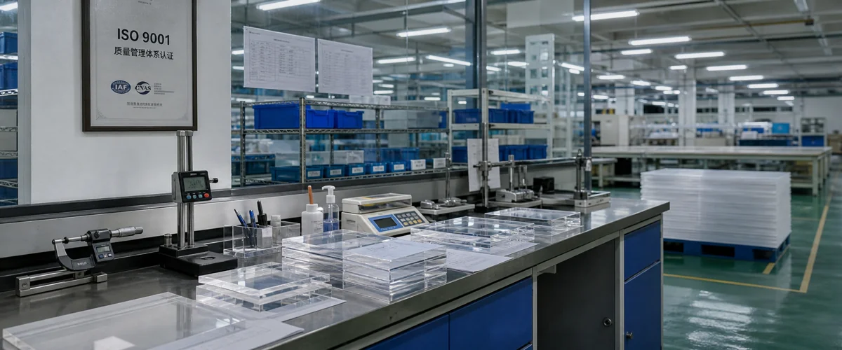 Third-party auditor reviewing audit binder beside laser-cut acrylic samples on inspection table at China acrylic factory — acrylic supplier audit in progress