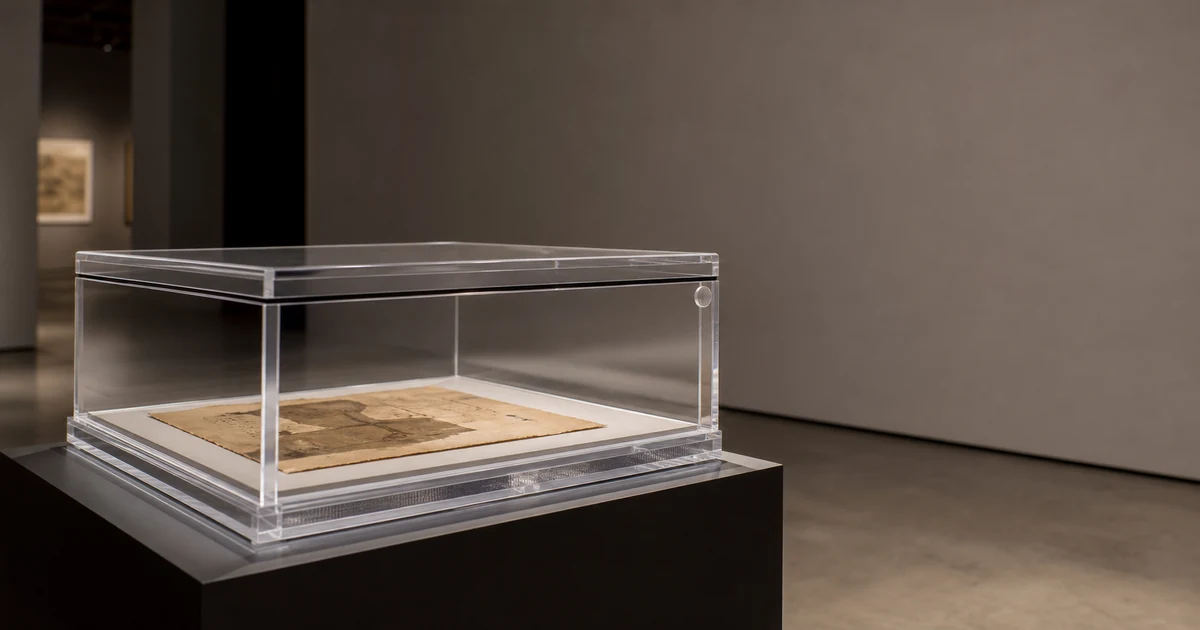 Museum gallery scene with a sealed climate-controlled case enclosing a small artifact (paper or textile, no readable content), gallery dim lighting