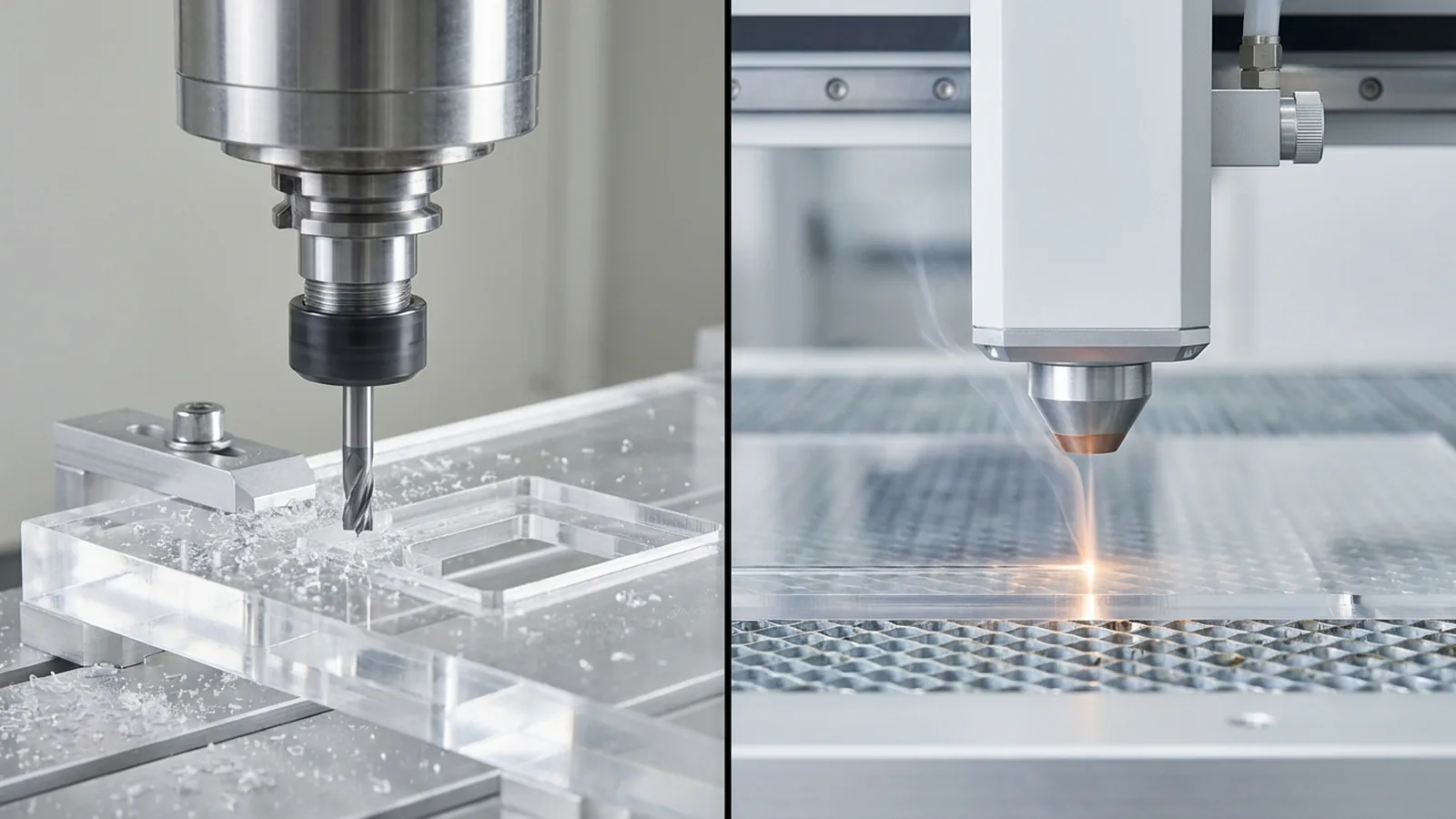 Laser cutting acrylic sheet on a CO2 laser cutter — comparing laser and CNC cutting methods for PMMA