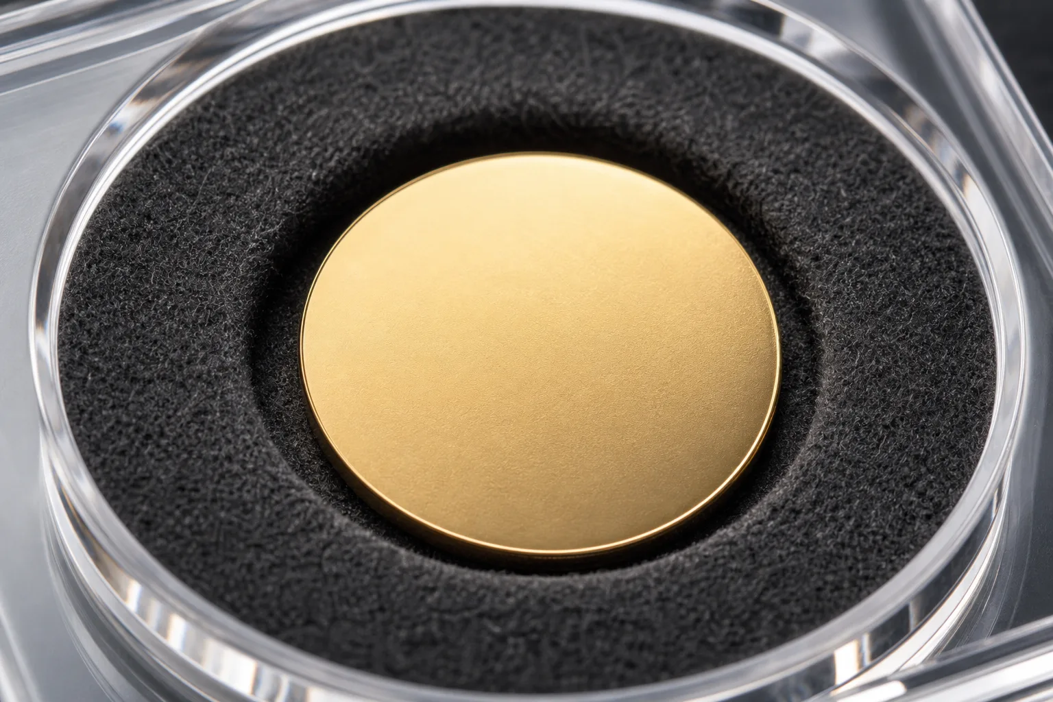 Macro close-up of a charcoal felt-lined circular recess inside a clear cast acrylic coin case, cradling a plain gold-tone coin, with the thick beveled acrylic wall refracting light at the rim