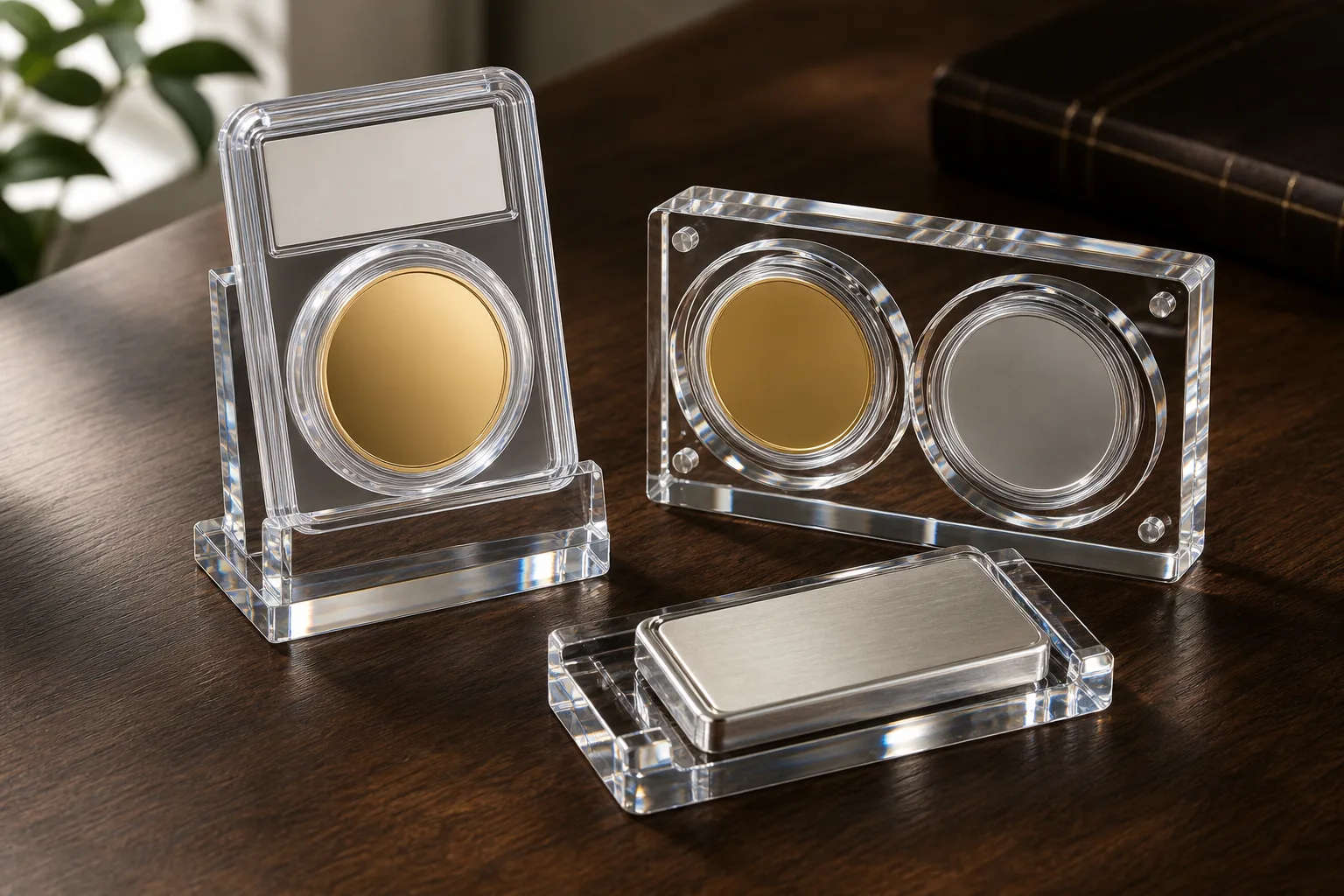 Clear acrylic coin display ideas on a neutral surface — a single-coin slab stand, a multi-slot coin block, and a bullion bar display holding graded coins and gold bars