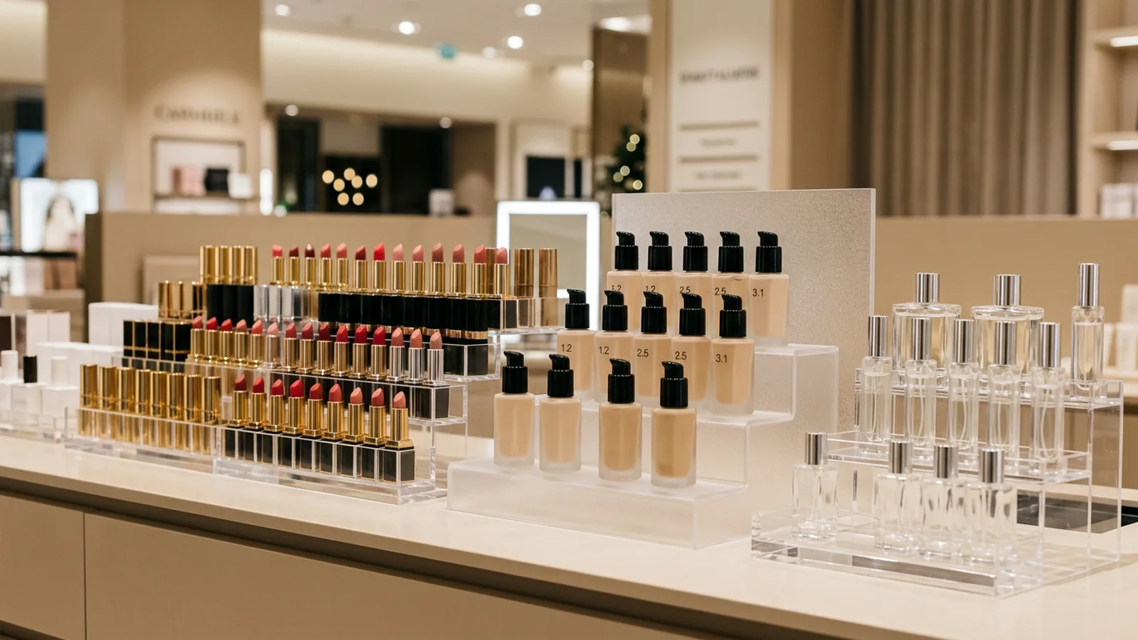 Branded acrylic cosmetic counter display (PMMA plexiglass) with tiered risers under warm retail lighting — the buyer-spec format most beauty brand briefs settle on