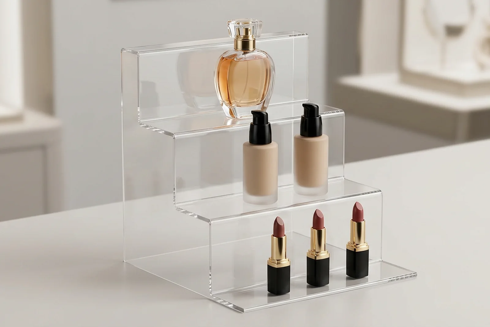 Tiered clear acrylic (PMMA plexiglass) cosmetic display with unbranded lipstick, foundation, and perfume bottles arranged across three step heights — soft studio lighting, neutral retail-countertop backdrop