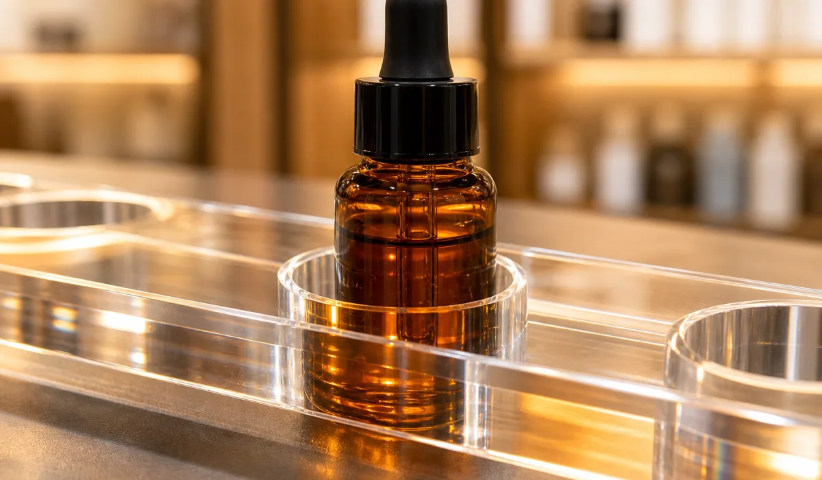 Macro close-up of a product bottle seated in a clear acrylic countertop display well, showing the polished front lip depth and snug pocket fit of the cast PMMA counter unit
