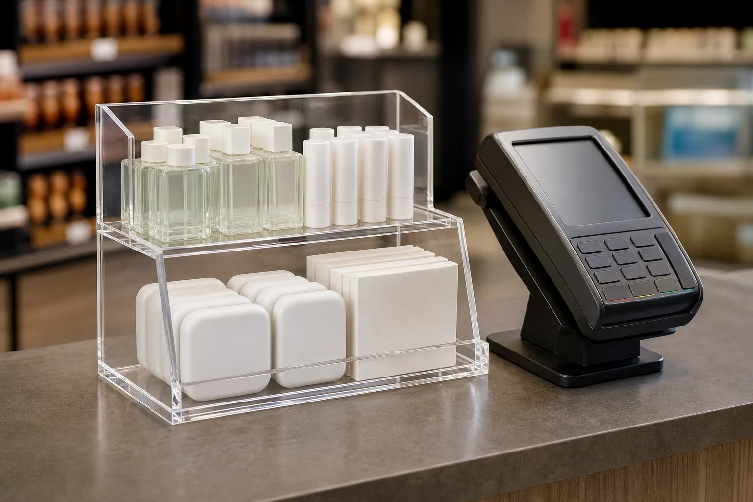 Clear acrylic countertop display holding small impulse products beside a retail checkout terminal, positioned in the hand-off zone of the counter