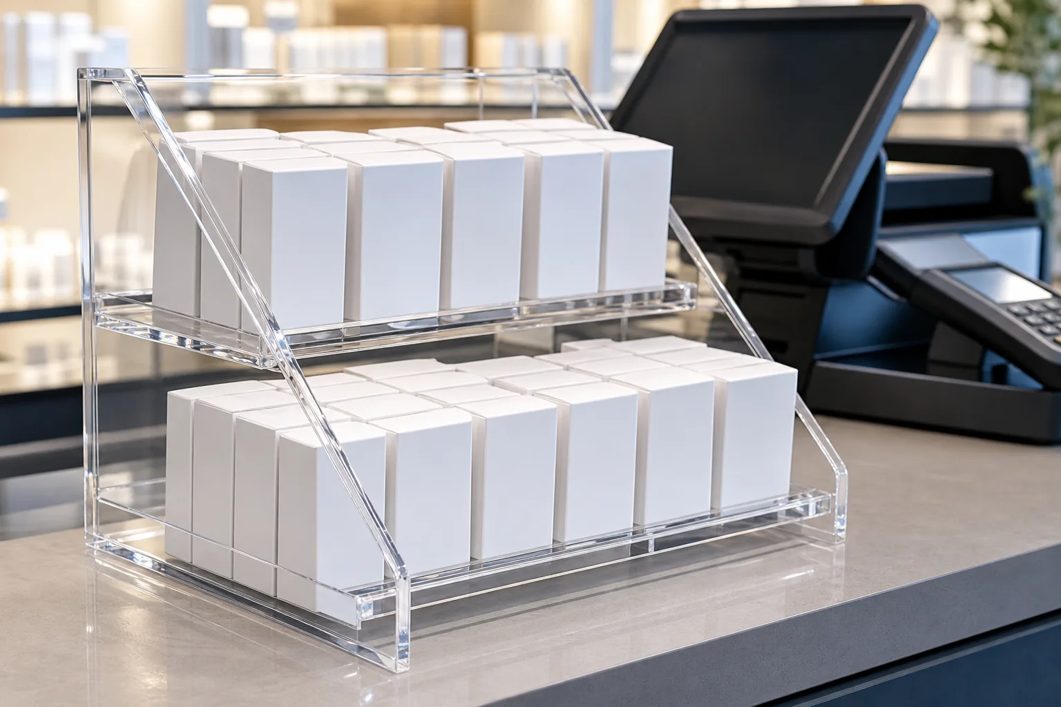 Two-tier clear acrylic countertop display holding small retail products on a checkout counter, cashier terminal visible beyond it through the transparent acrylic panels